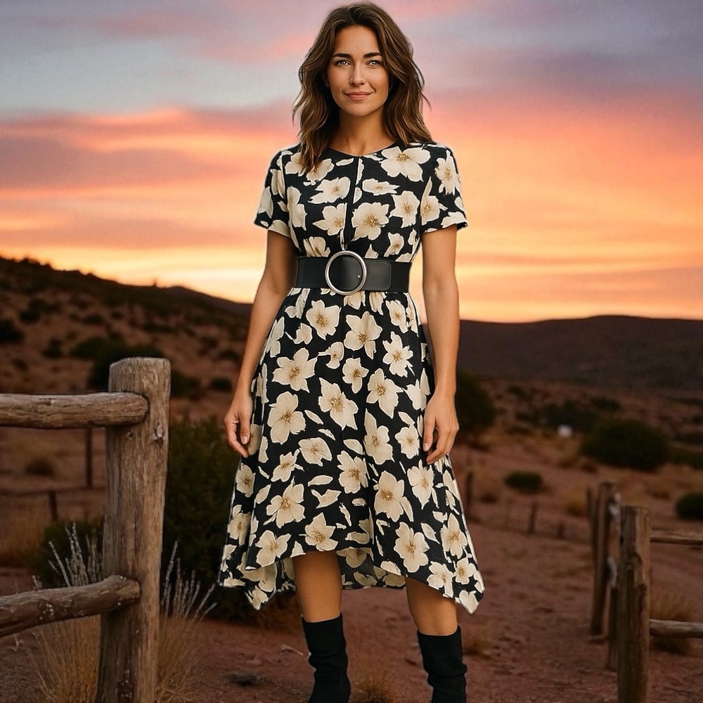 BA&SH Fairy Floral-print Crepe Midi Dress‎ In Black and white XS Floral office
